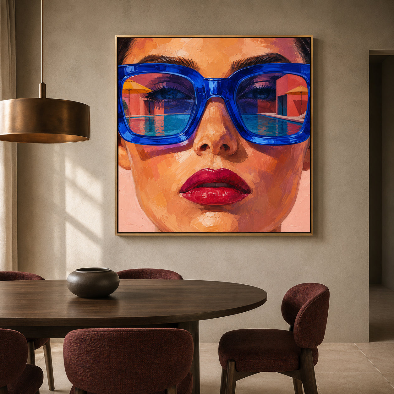 A framed square canvas painting of a woman's face wearing oversized blue sunglasses, displayed on a beige wall above a dark wood dining table with chairs in a modern interior.
