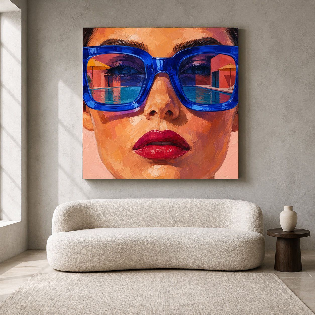 A colorful canvas wall art print depicting a close-up portrait of a woman wearing oversized blue sunglasses, displayed in a modern living room setting above a curved white sofa.