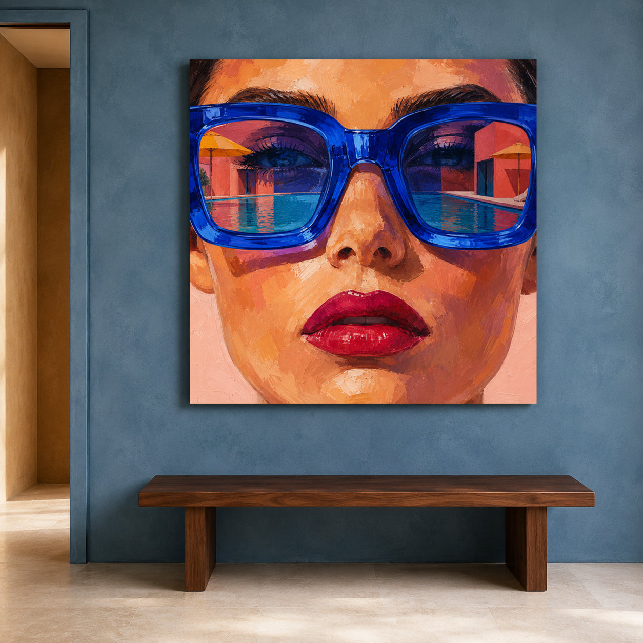 Poolside Gaze Colorful Pop Art Portrait with Blue Sunglasses