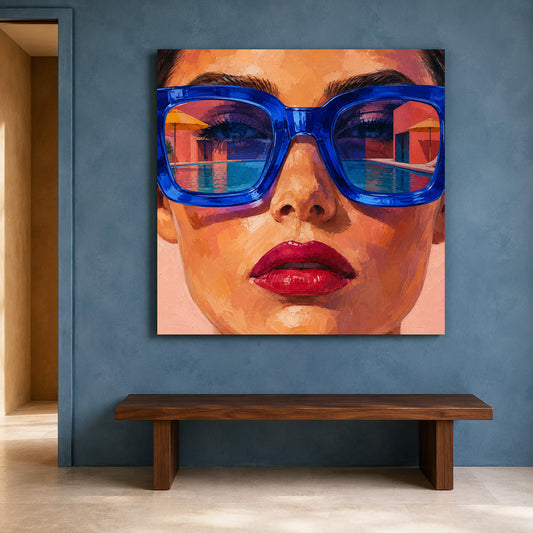 Poolside Gaze Colorful Pop Art Portrait with Blue Sunglasses