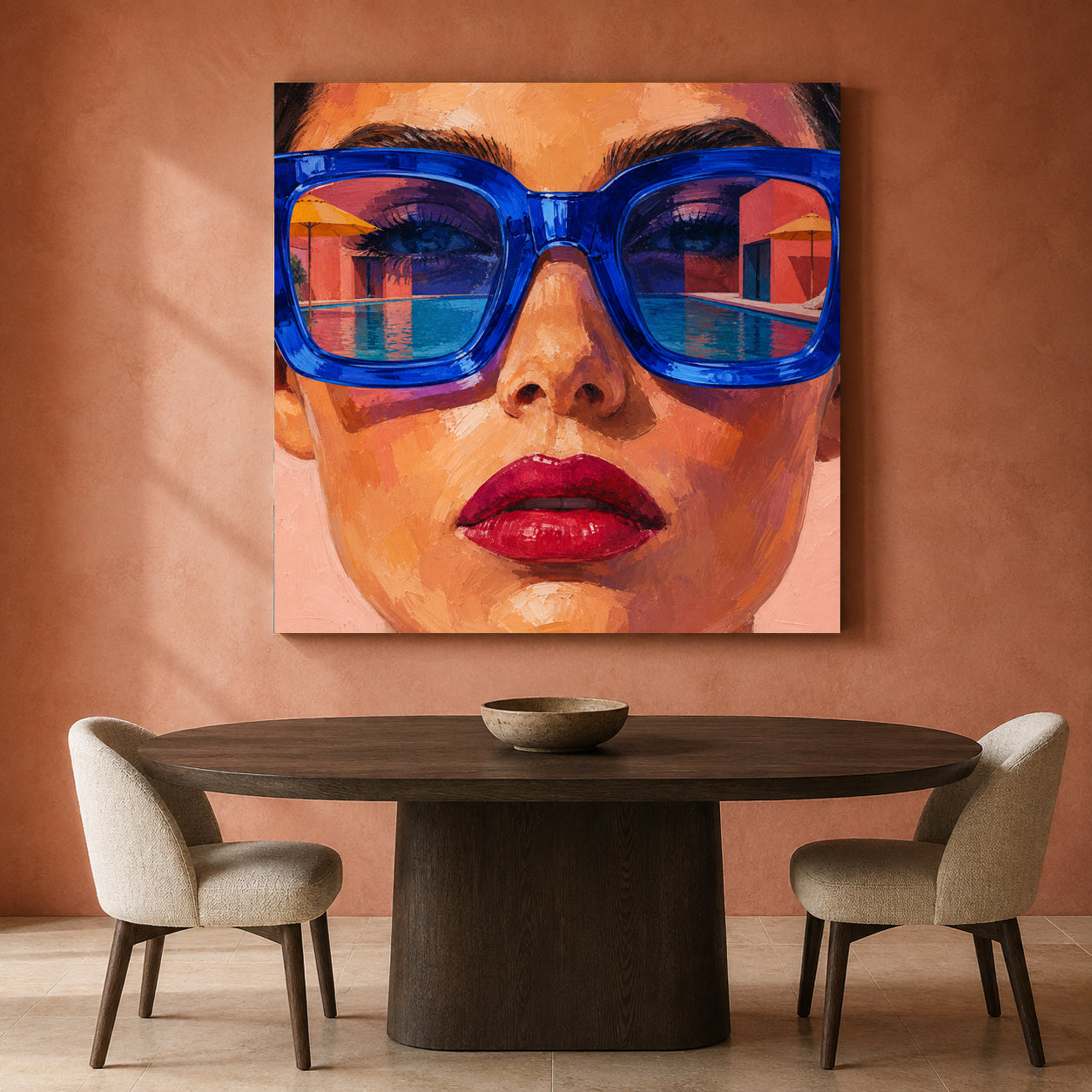 Poolside Gaze Colorful Pop Art Portrait with Blue Sunglasses