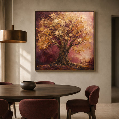 Golden Tree of Abundance Burgundy Vastu Canvas Wall Art