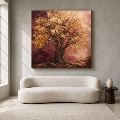 Golden Tree of Abundance Burgundy Vastu Canvas Wall Art