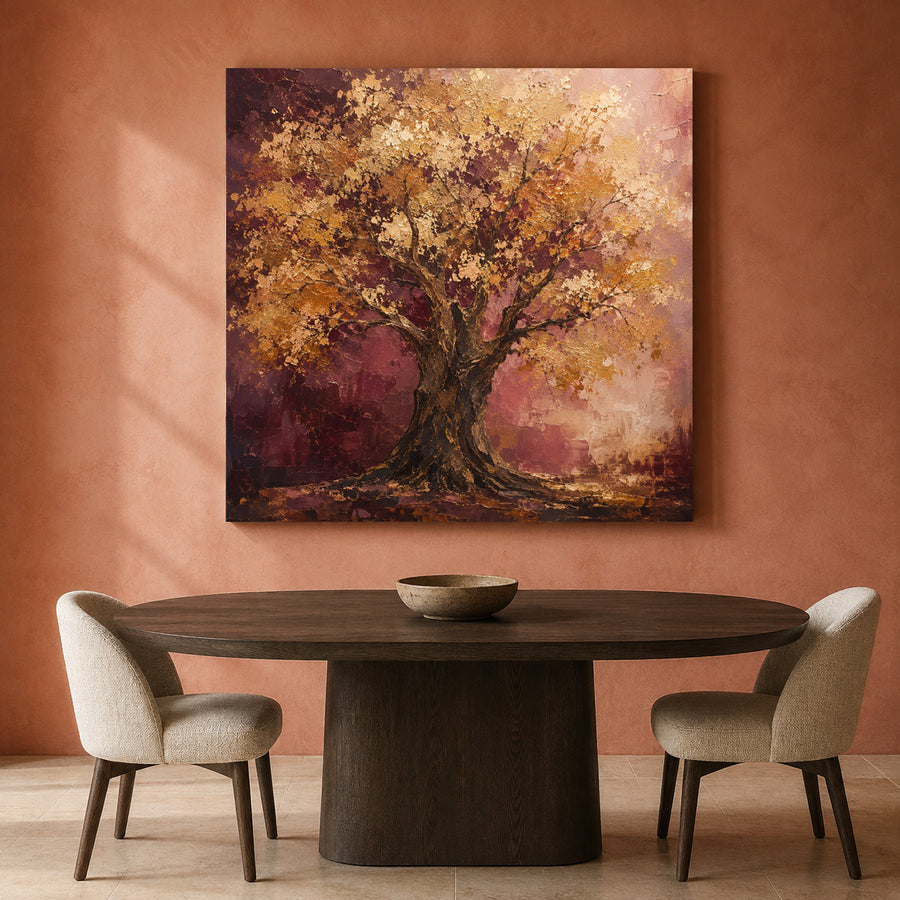 Golden Tree of Abundance Burgundy Vastu Canvas Wall Art