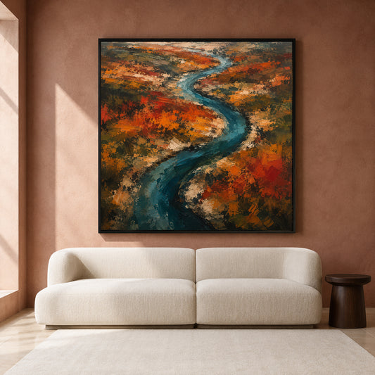 Winding River Abstract Landscape Canvas Art with Autumn Textured Painting