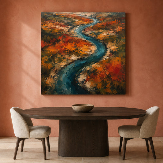 Winding River Abstract Landscape Canvas Art with Autumn Textured Painting