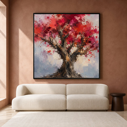 Crimson Blossom Tree Textured Abstract Nature Canvas Wall Art