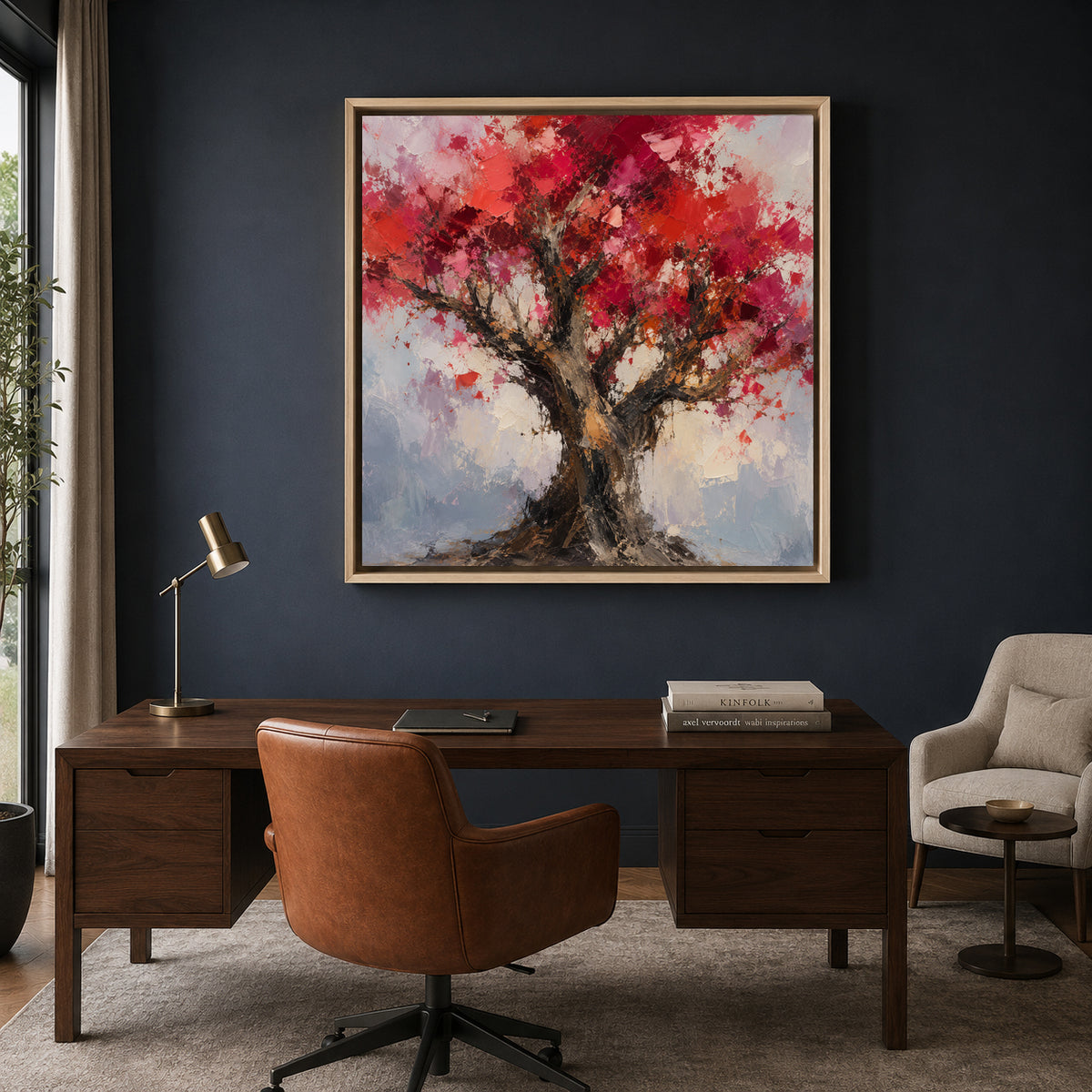 Crimson Blossom Tree Textured Abstract Nature Canvas Wall Art