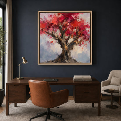 Crimson Blossom Tree Textured Abstract Nature Canvas Wall Art