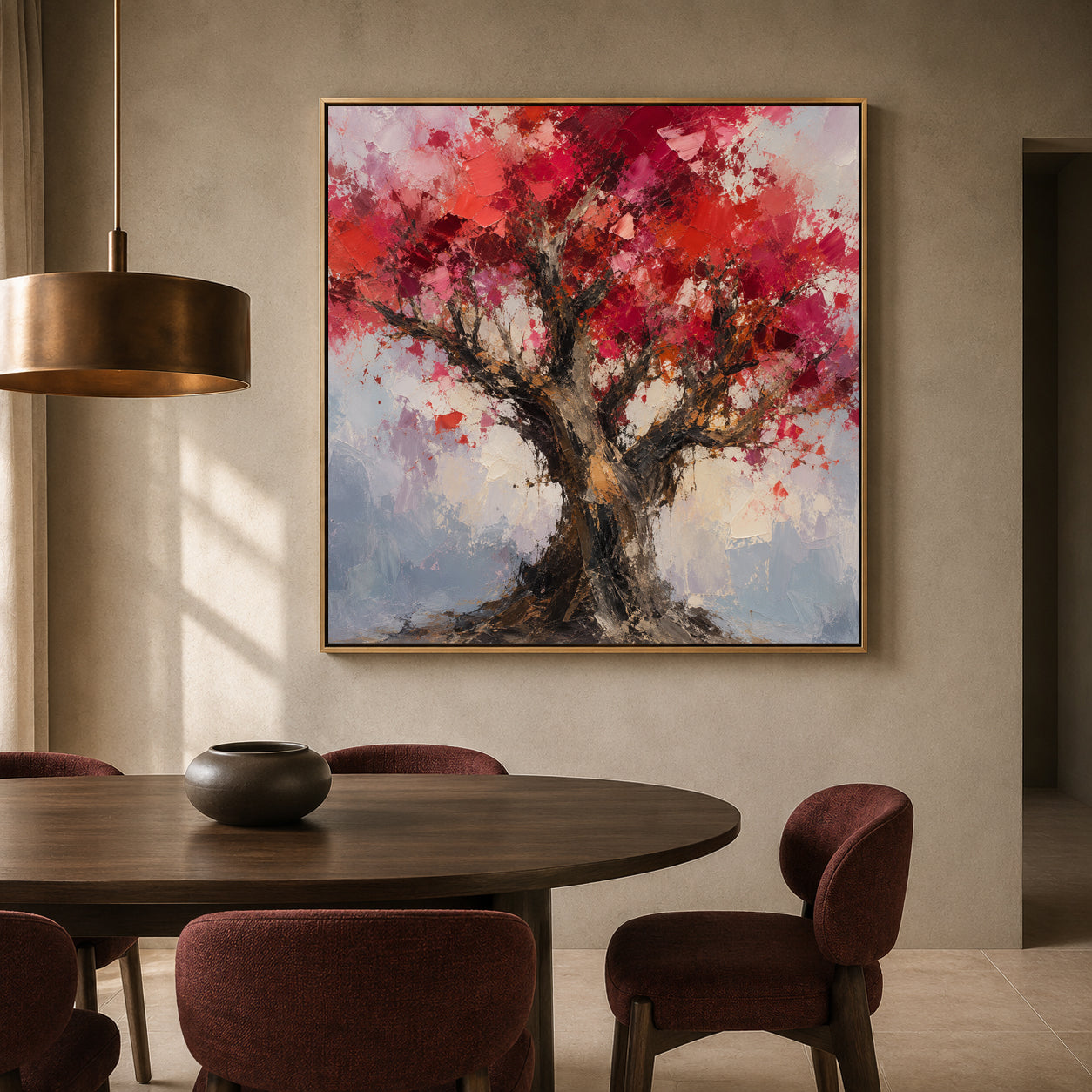 Crimson Blossom Tree Textured Abstract Nature Canvas Wall Art