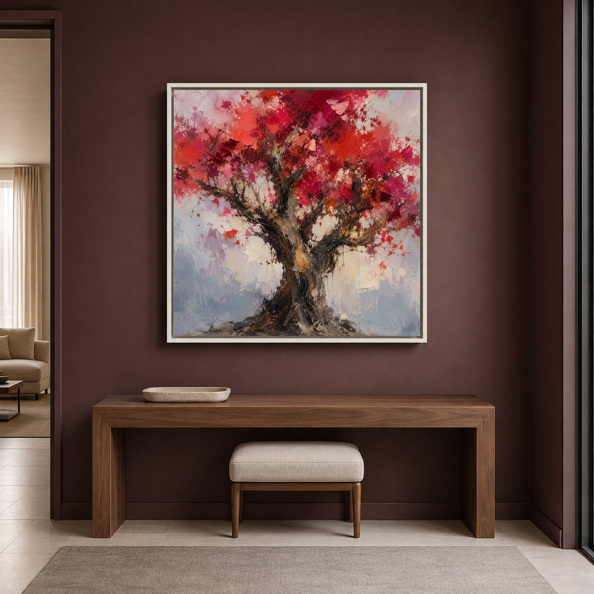 Crimson Blossom Tree Textured Abstract Nature Canvas Wall Art
