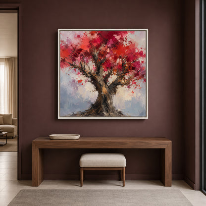 Crimson Blossom Tree Textured Abstract Nature Canvas Wall Art