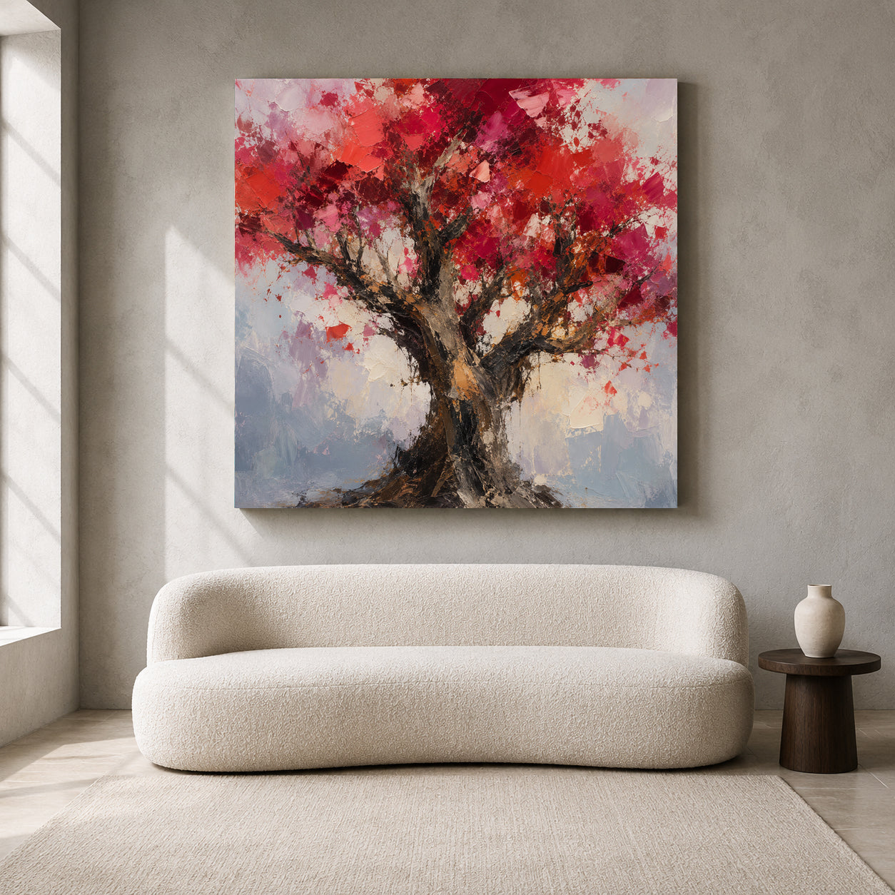 Crimson Blossom Tree Textured Abstract Nature Canvas Wall Art