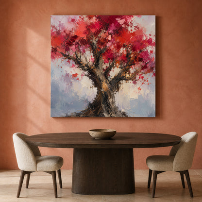 Crimson Blossom Tree Textured Abstract Nature Canvas Wall Art