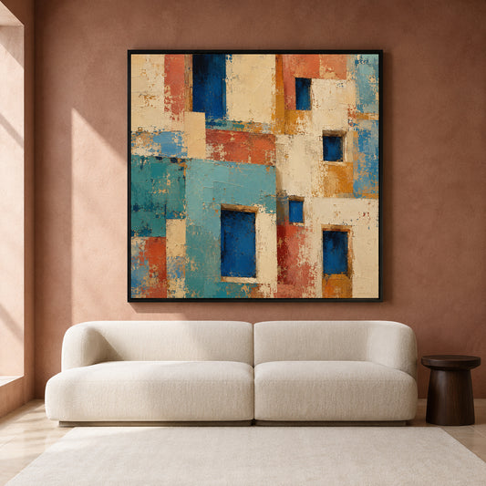 Mediterranean Architecture Abstract Canvas Art with Colorful Geometric Facades