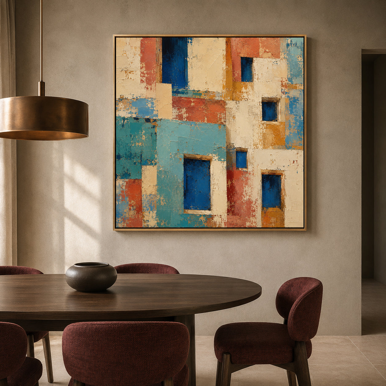 Mediterranean Architecture Abstract Canvas Art with Colorful Geometric Facades