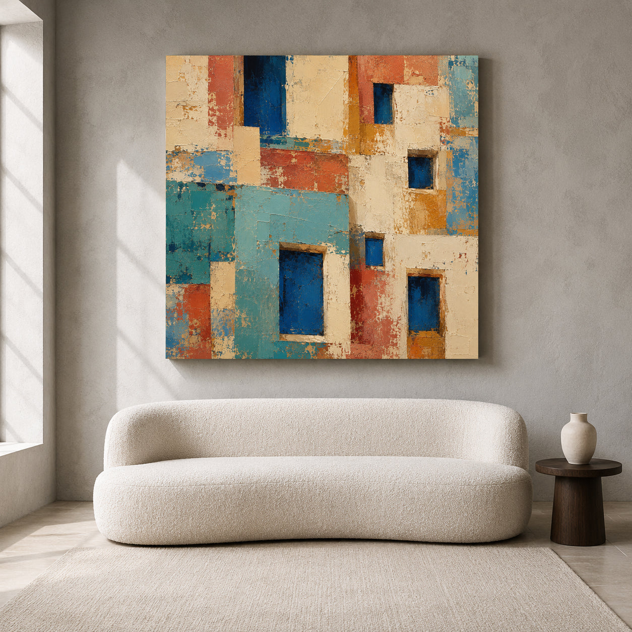 Mediterranean Architecture Abstract Canvas Art with Colorful Geometric Facades