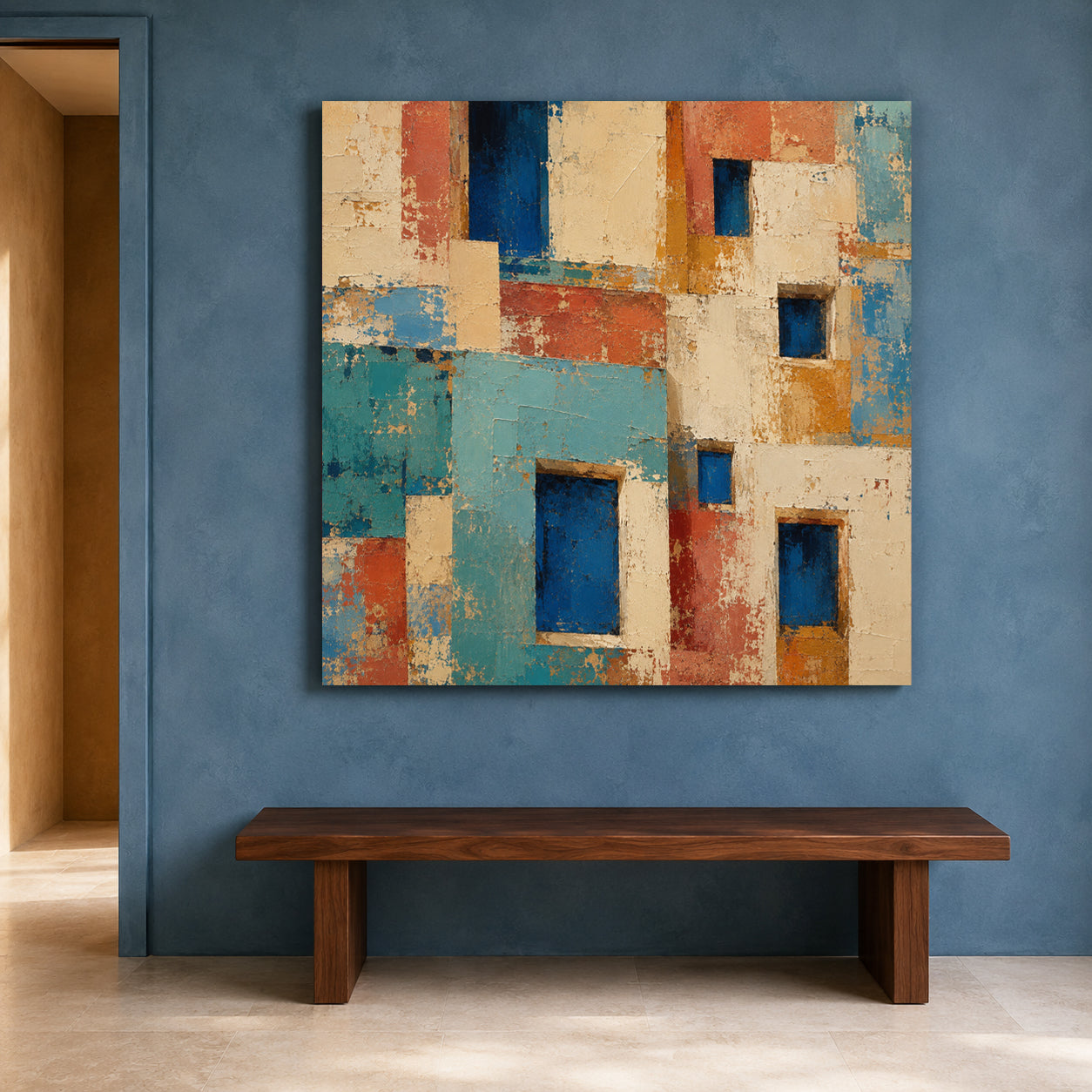 Mediterranean Architecture Abstract Canvas Art with Colorful Geometric Facades