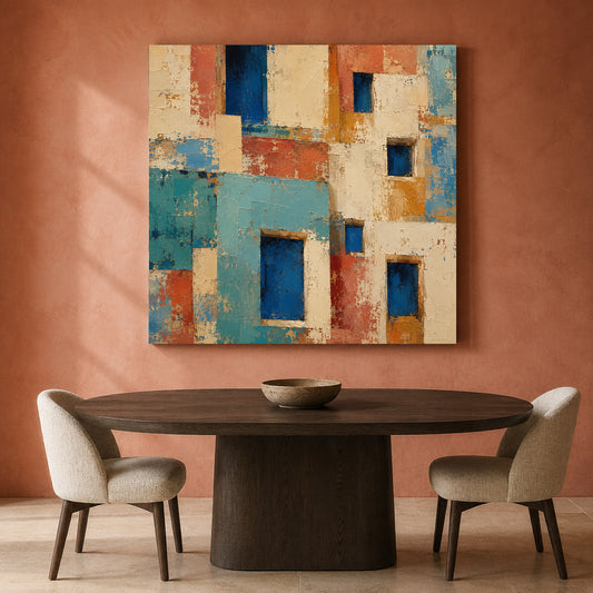 Mediterranean Architecture Abstract Canvas Art with Colorful Geometric Facades