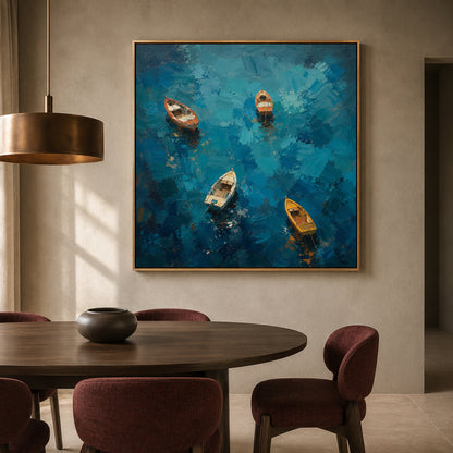 Floating Boats on Deep Blue Water Textured Coastal Canvas Wall Art