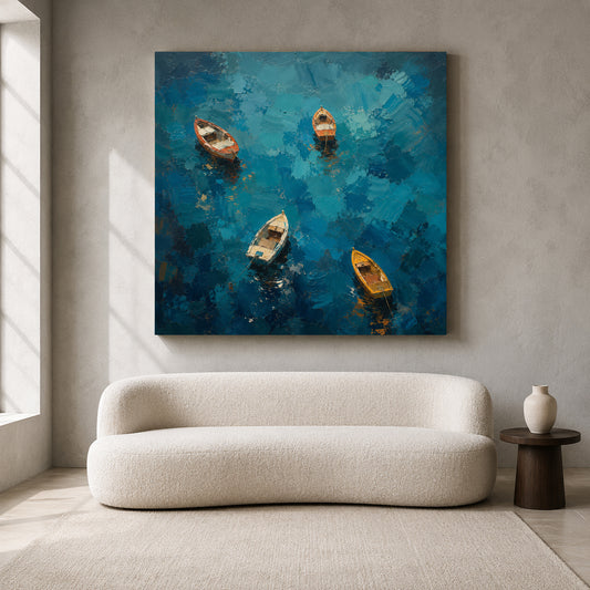 Floating Boats on Deep Blue Water Textured Coastal Canvas Wall Art
