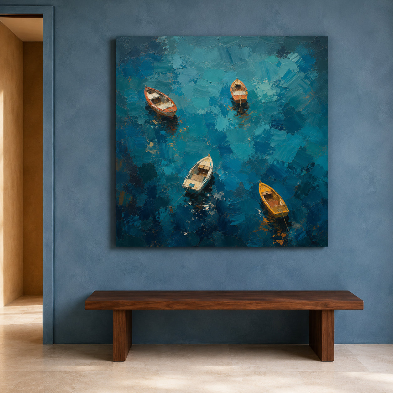 Floating Boats on Deep Blue Water Textured Coastal Canvas Wall Art