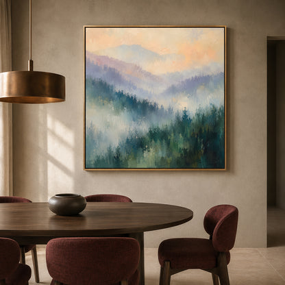 Misty Mountain Forest Abstract Canvas Art with Soft Textured Landscape