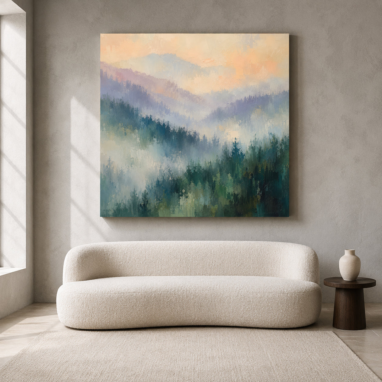 Misty Mountain Forest Abstract Canvas Art with Soft Textured Landscape