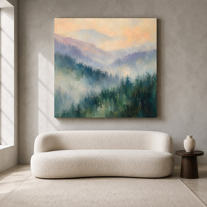 Misty Mountain Forest Abstract Canvas Art with Soft Textured Landscape