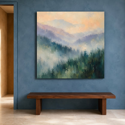 Misty Mountain Forest Abstract Canvas Art with Soft Textured Landscape
