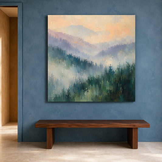 Misty Mountain Forest Abstract Canvas Art with Soft Textured Landscape