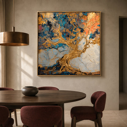Golden Tree Abstract Canvas Art with Rich Textures
