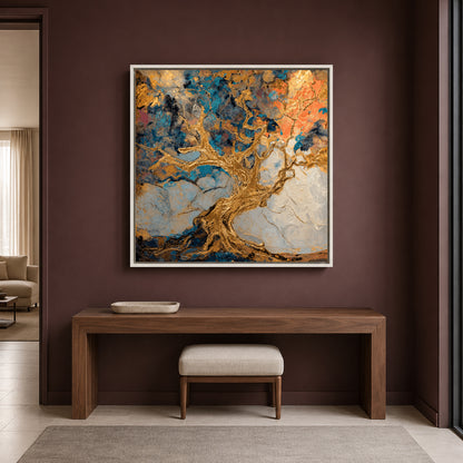 Golden Tree Abstract Canvas Art with Rich Textures