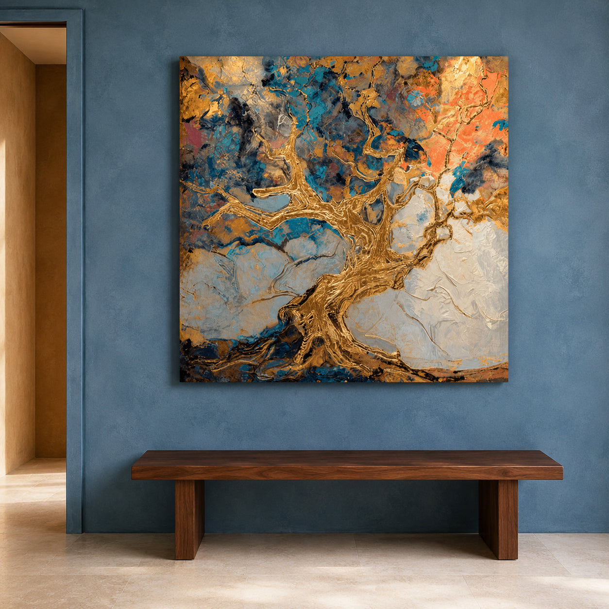 Golden Tree Abstract Canvas Art with Rich Textures