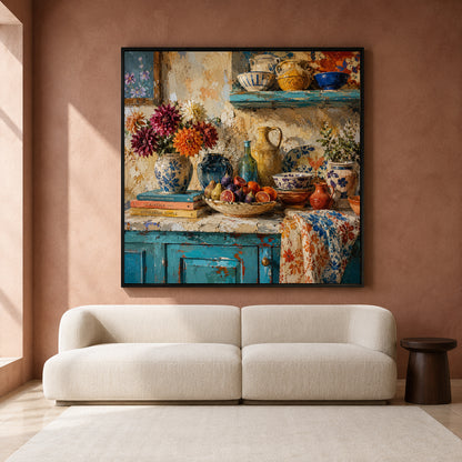 Mediterranean Kitchen Still Life Canvas Art with Colorful Rustic Ceramics