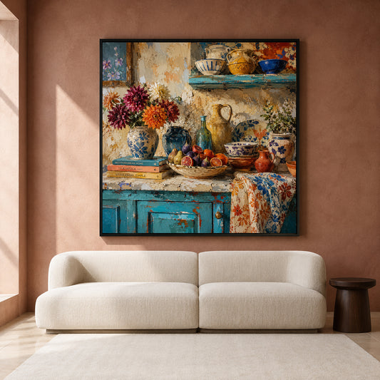 Mediterranean Kitchen Still Life Canvas Art with Colorful Rustic Ceramics