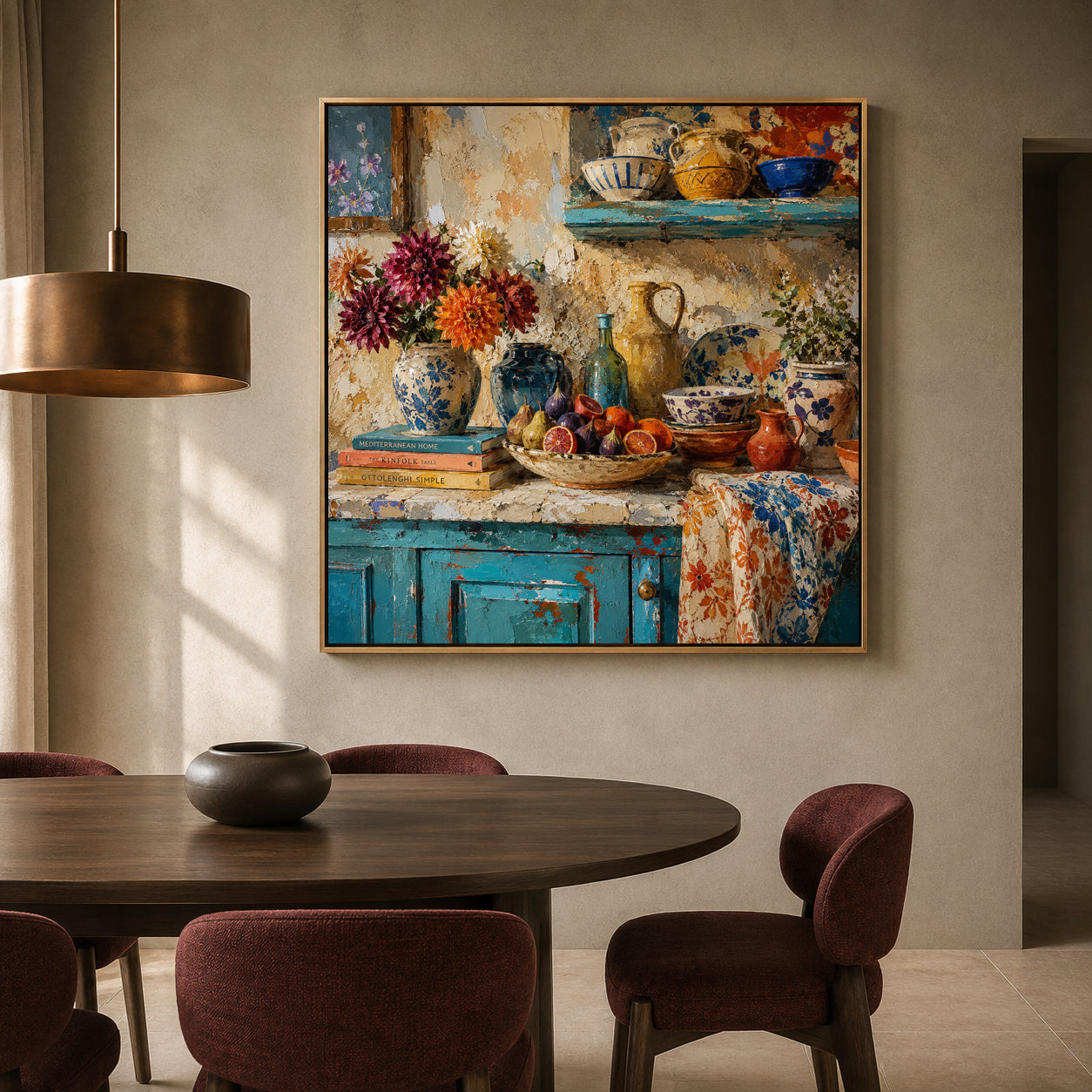 Mediterranean Kitchen Still Life Canvas Art with Colorful Rustic Ceramics