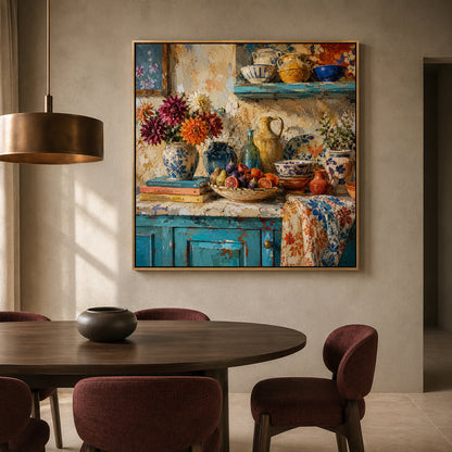 Mediterranean Kitchen Still Life Canvas Art with Colorful Rustic Ceramics