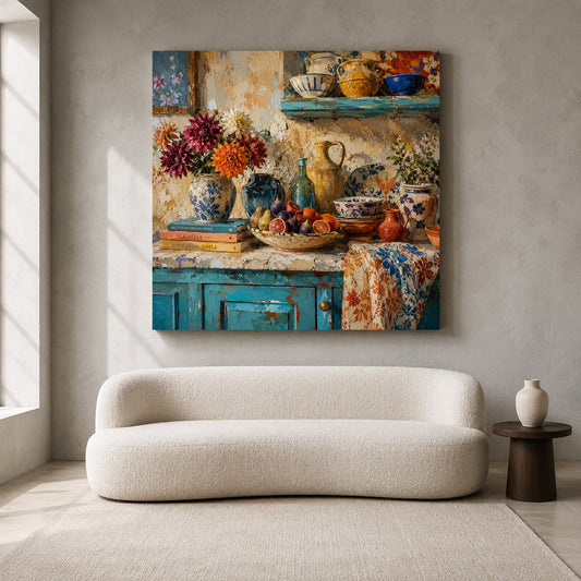 Mediterranean Kitchen Still Life Canvas Art with Colorful Rustic Ceramics