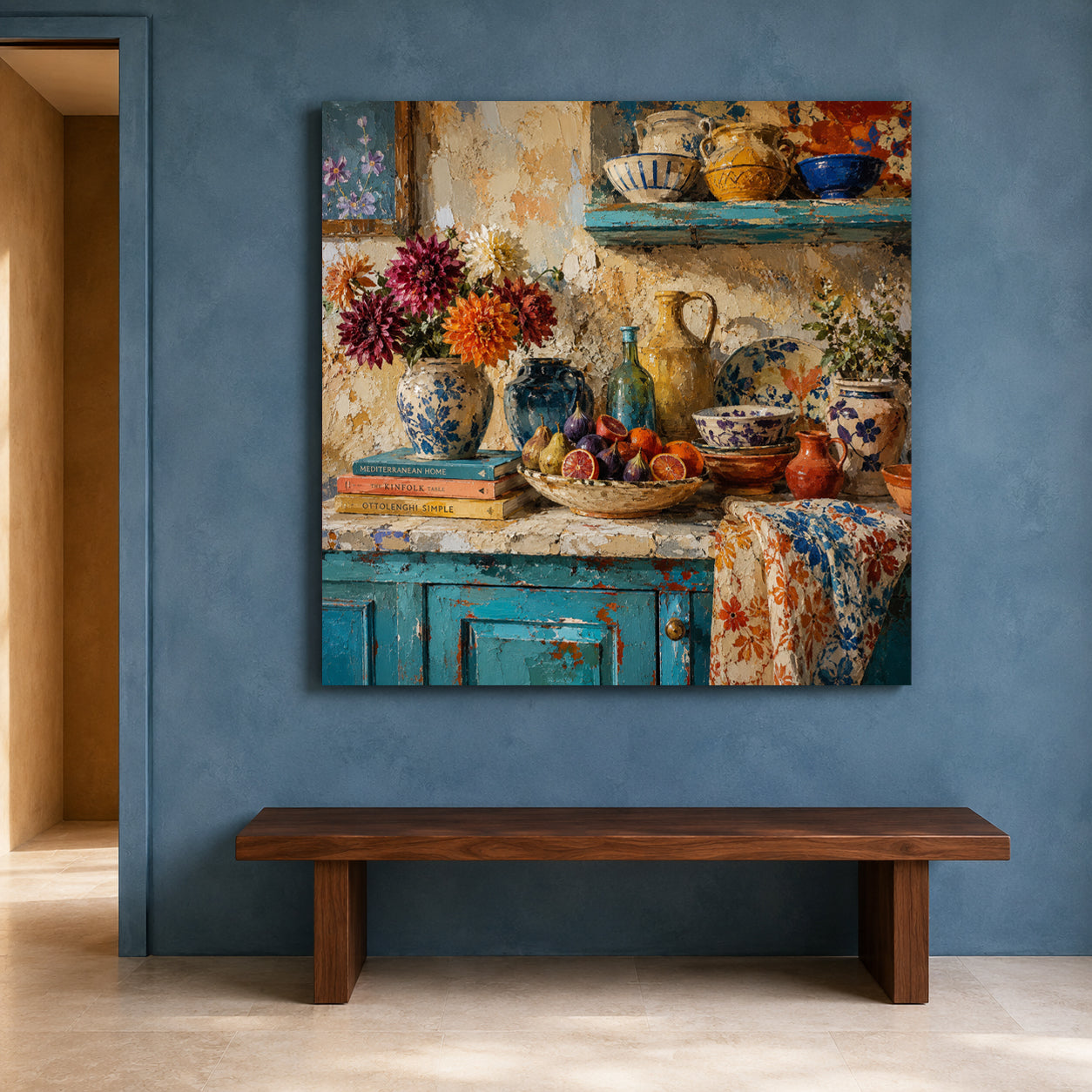 Mediterranean Kitchen Still Life Canvas Art with Colorful Rustic Ceramics