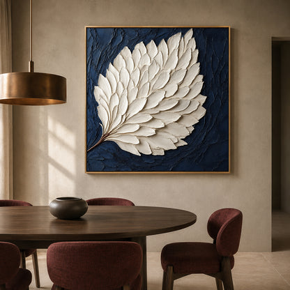 Ivory Feather on Midnight Blue Textured Modern Canvas Wall Art