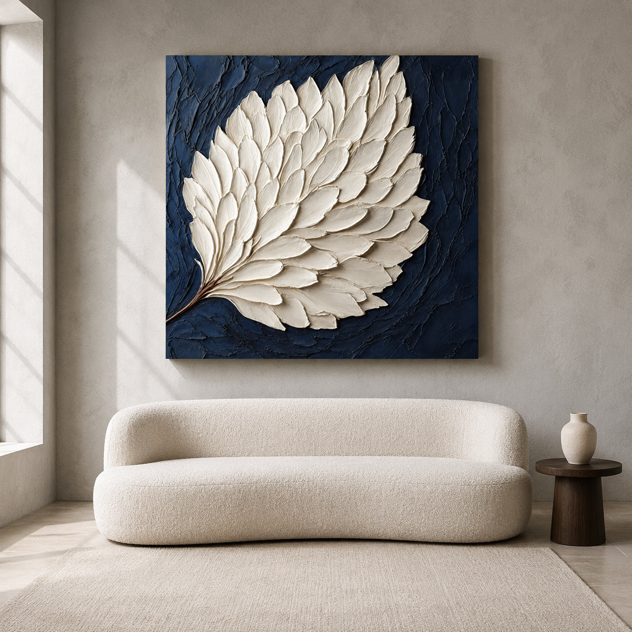 Ivory Feather on Midnight Blue Textured Modern Canvas Wall Art