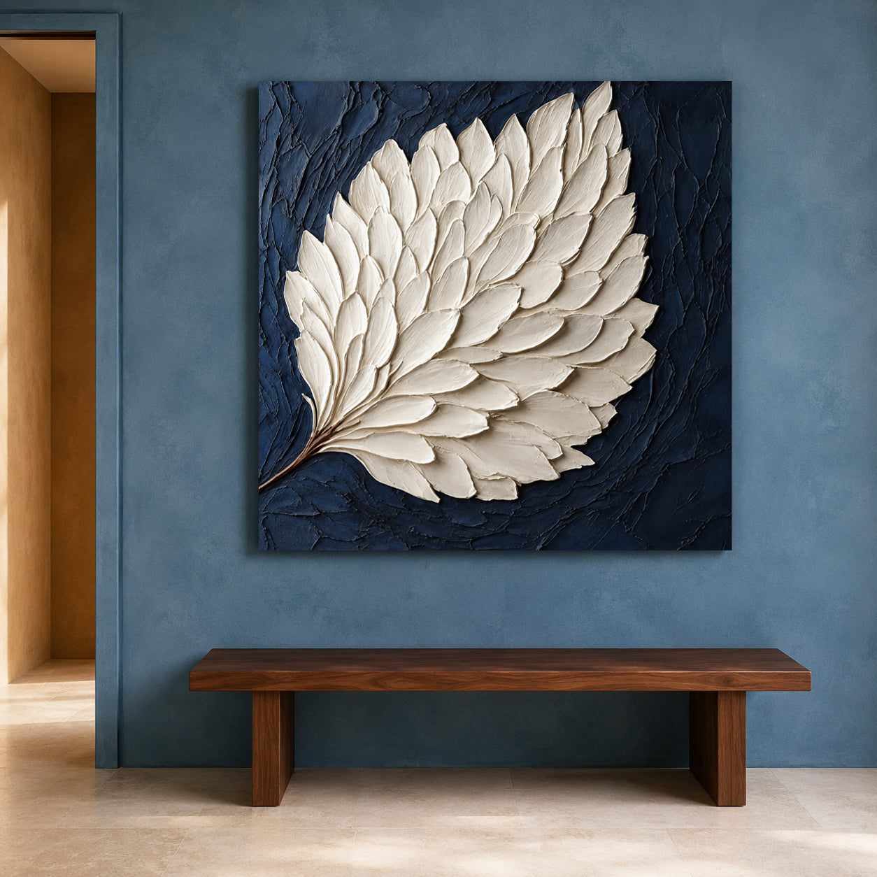Ivory Feather on Midnight Blue Textured Modern Canvas Wall Art