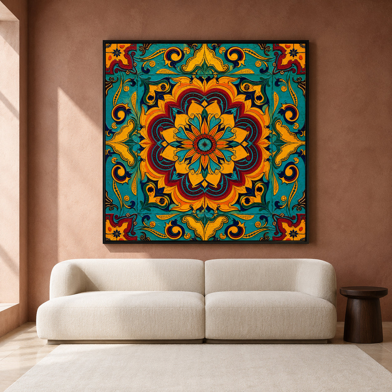 Turquoise Sunburst Mandala Colorful Indian Ethnic Ornamental Wall Art