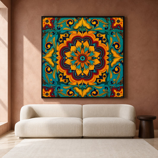 Turquoise Sunburst Mandala Colorful Indian Ethnic Ornamental Wall Art