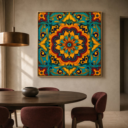 Turquoise Sunburst Mandala Colorful Indian Ethnic Ornamental Wall Art