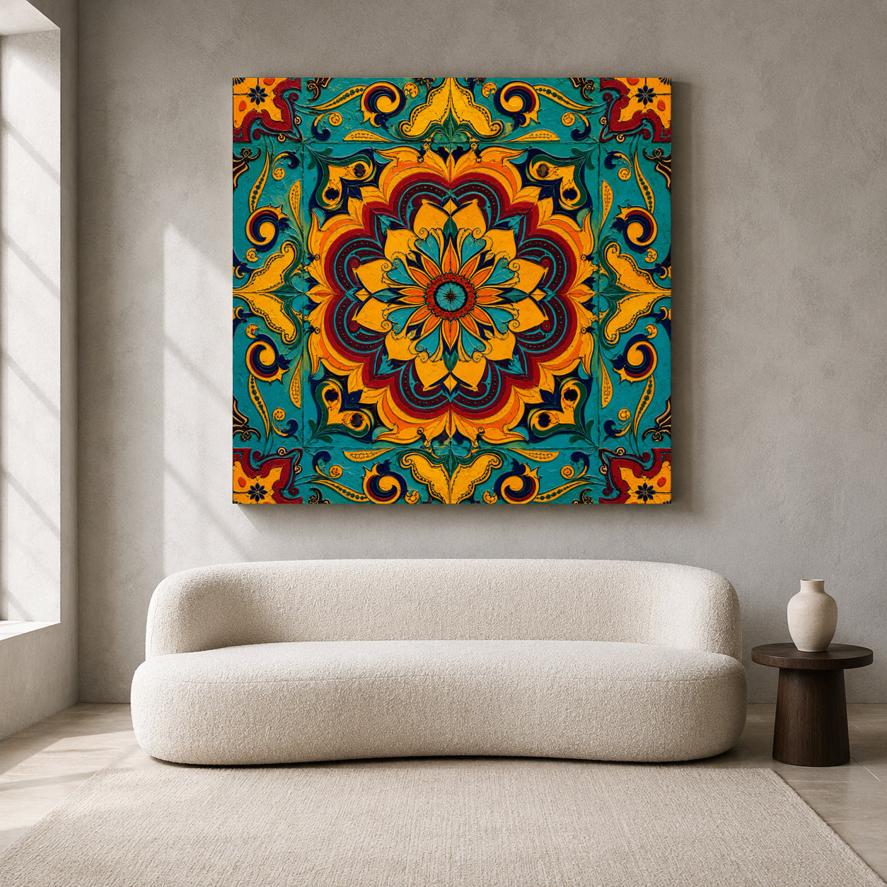 Turquoise Sunburst Mandala Colorful Indian Ethnic Ornamental Wall Art