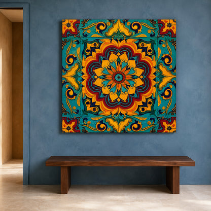 Turquoise Sunburst Mandala Colorful Indian Ethnic Ornamental Wall Art