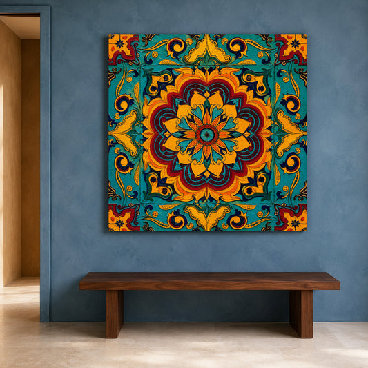 Turquoise Sunburst Mandala Colorful Indian Ethnic Ornamental Wall Art