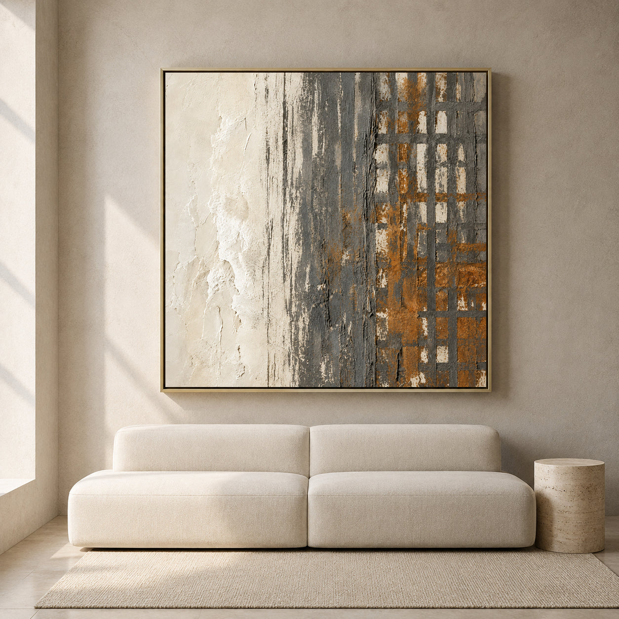 Neutral Geometric Abstract Canvas Art with Charcoal and Ochre Texture